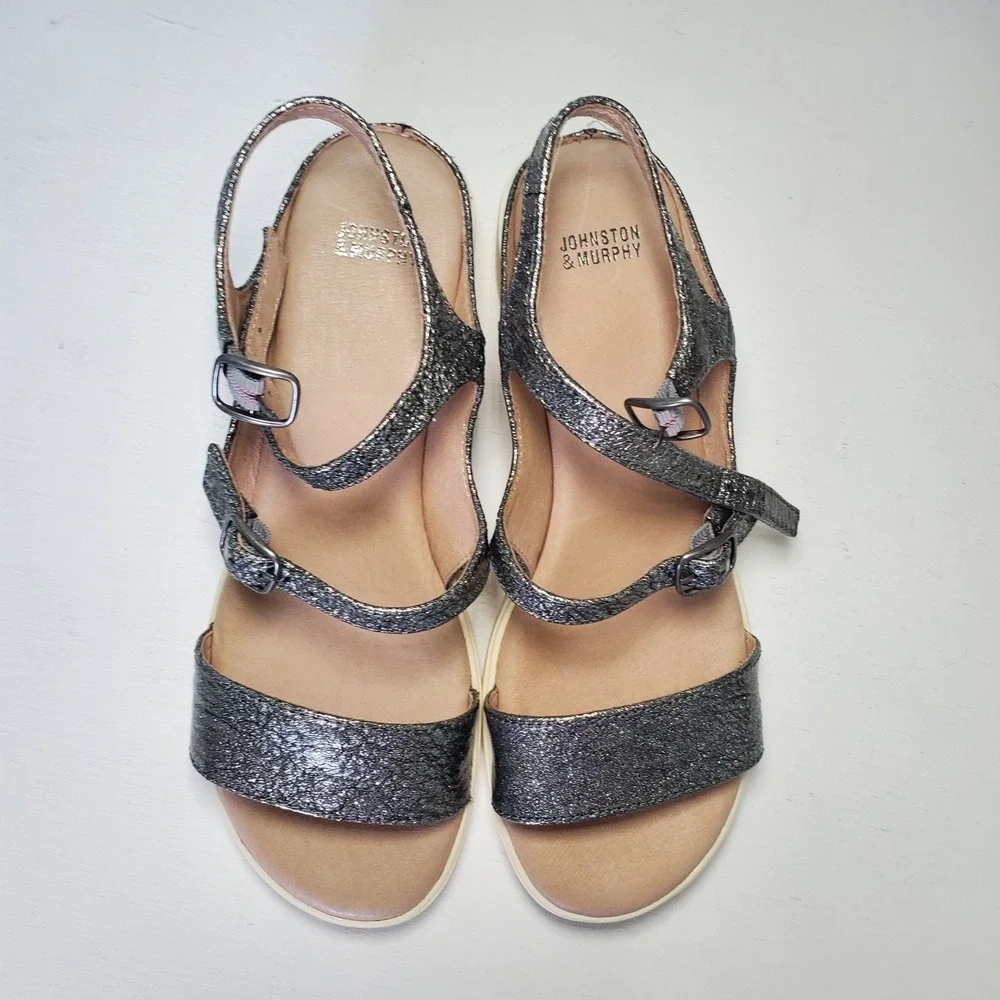 Johnston & Murphy Women Metallic Silver Wedge Platform Sandal Buckle Ankle Strap